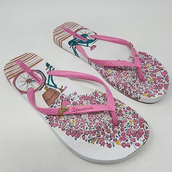 Ipanema Flip Flops Women 9 Bicycle Flower Print Sandals Pink White Bike Logo - Picture 2 of 10